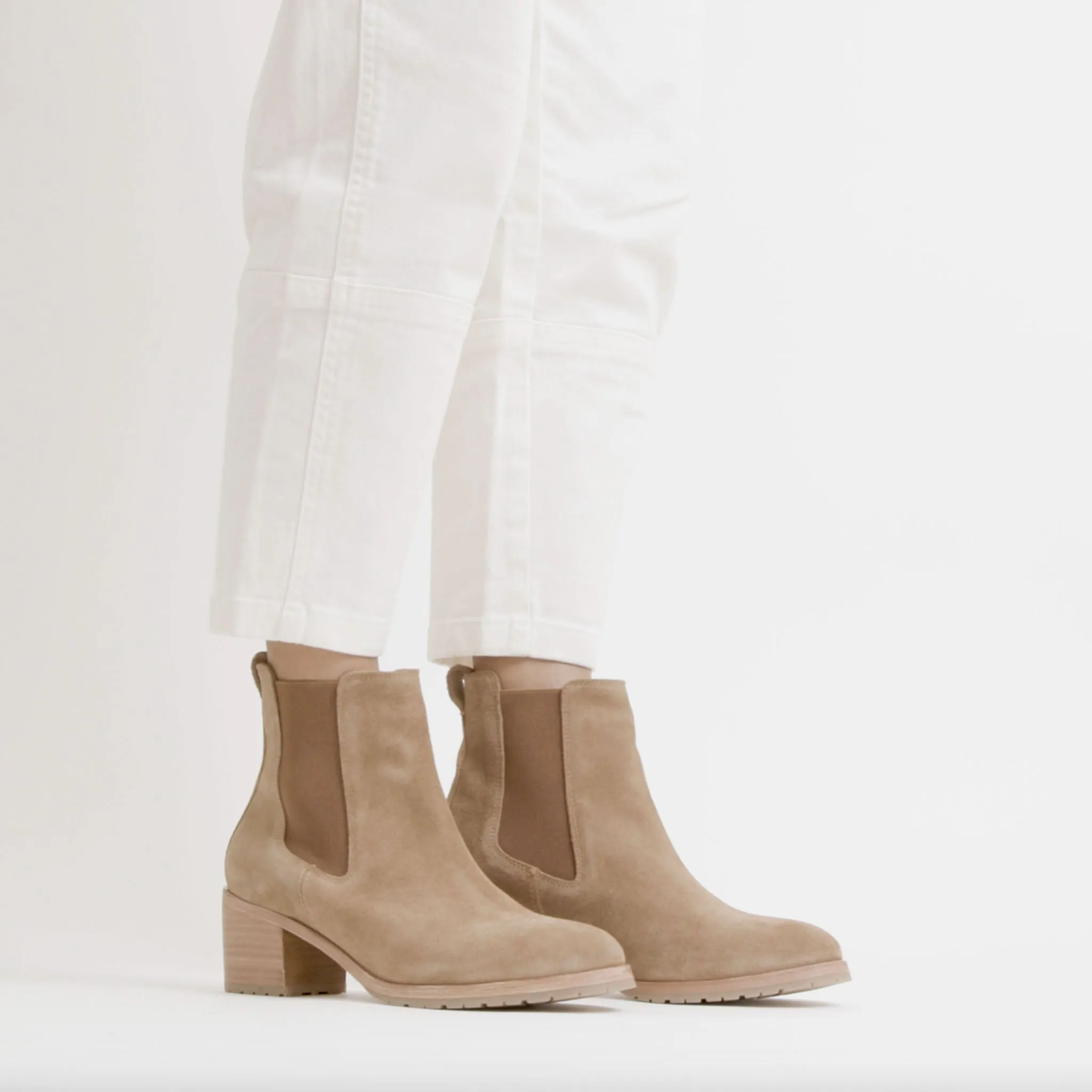Ana Go-To Heeled Chelsea Boot Taupe Suede -NISOLO