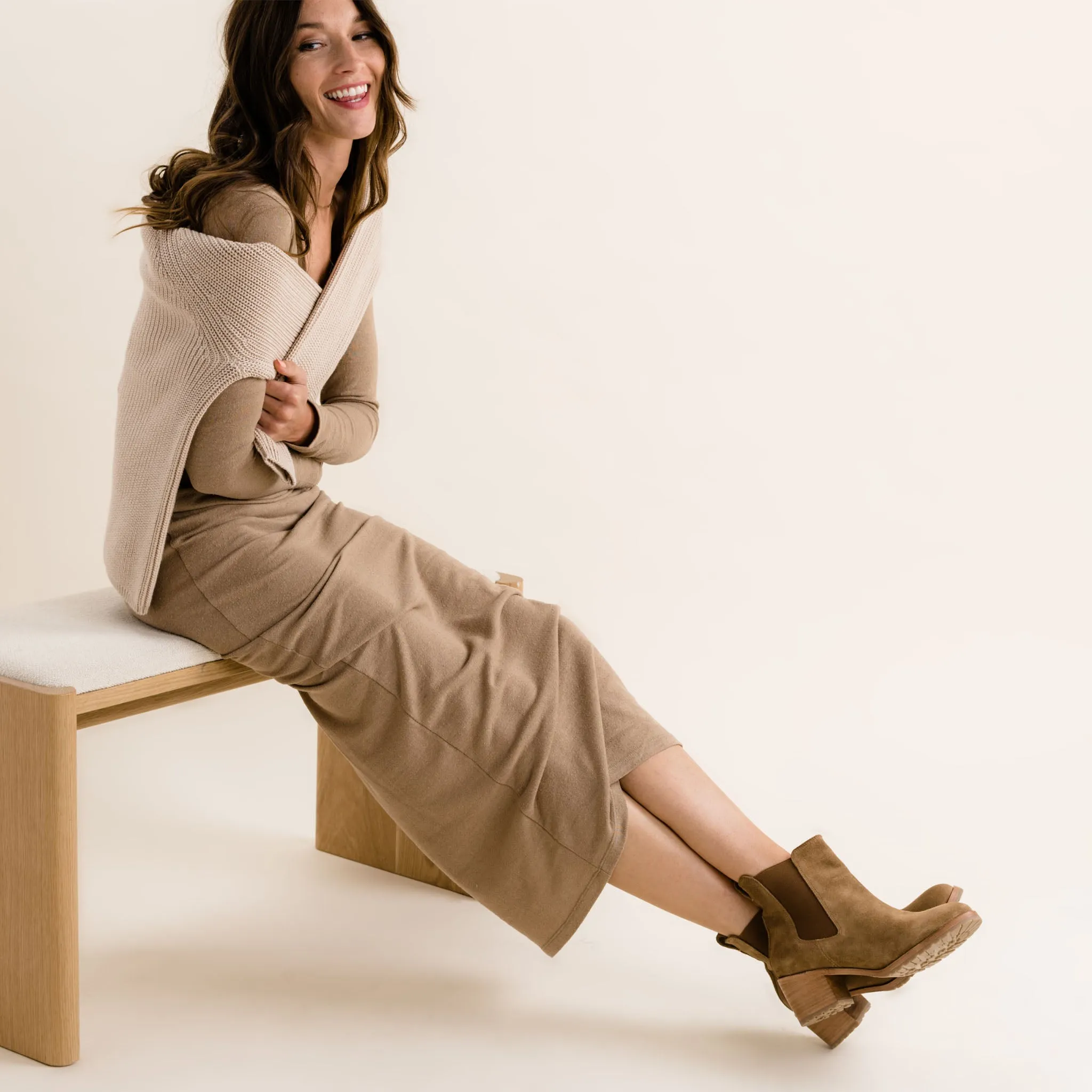 Ana Go-To Heeled Chelsea Boot Taupe Suede -NISOLO