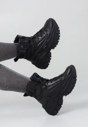 Buffalo - Lola Lace Up Mid Hike Vegan Nappa/Nylon Black - Girl Shoes