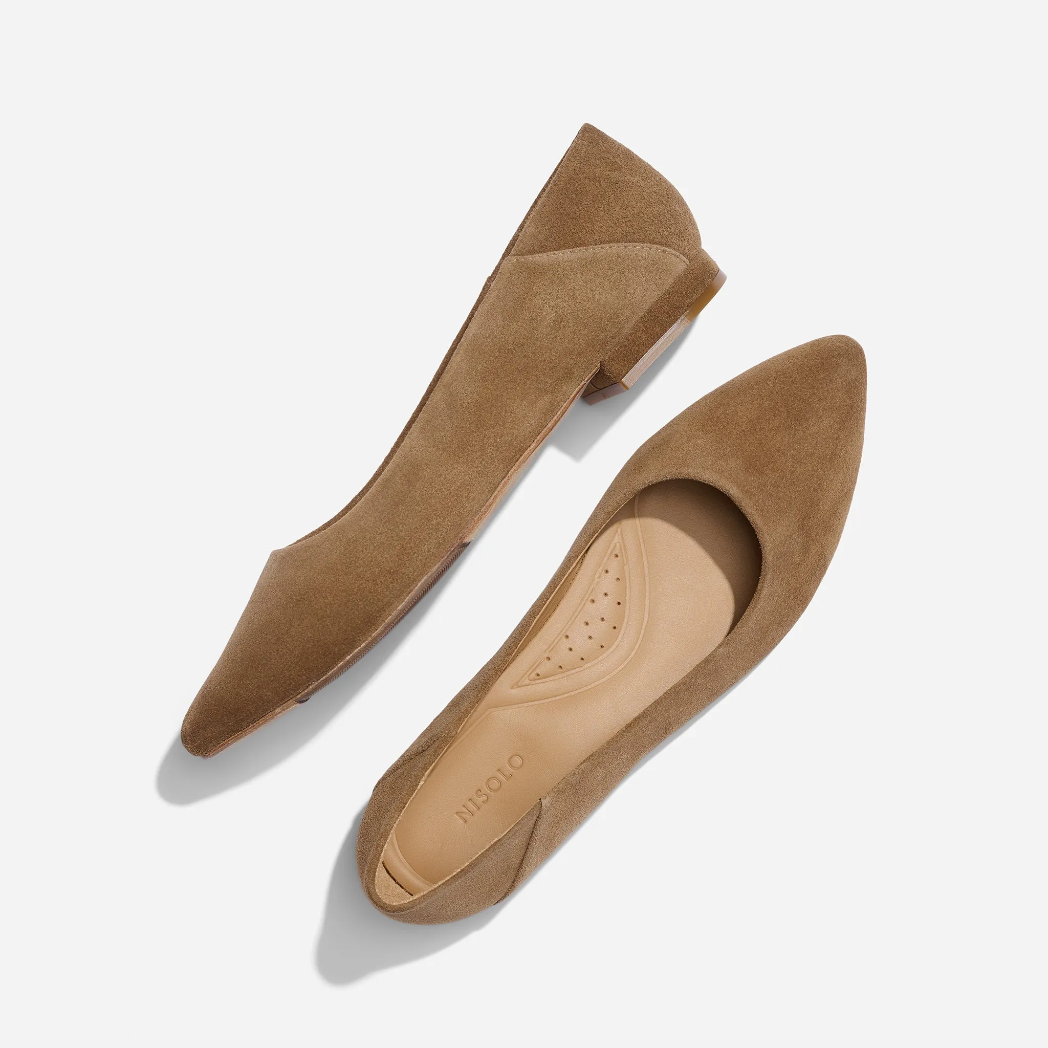 Fina Pointed Toe Flat Taupe Suede -NISOLO