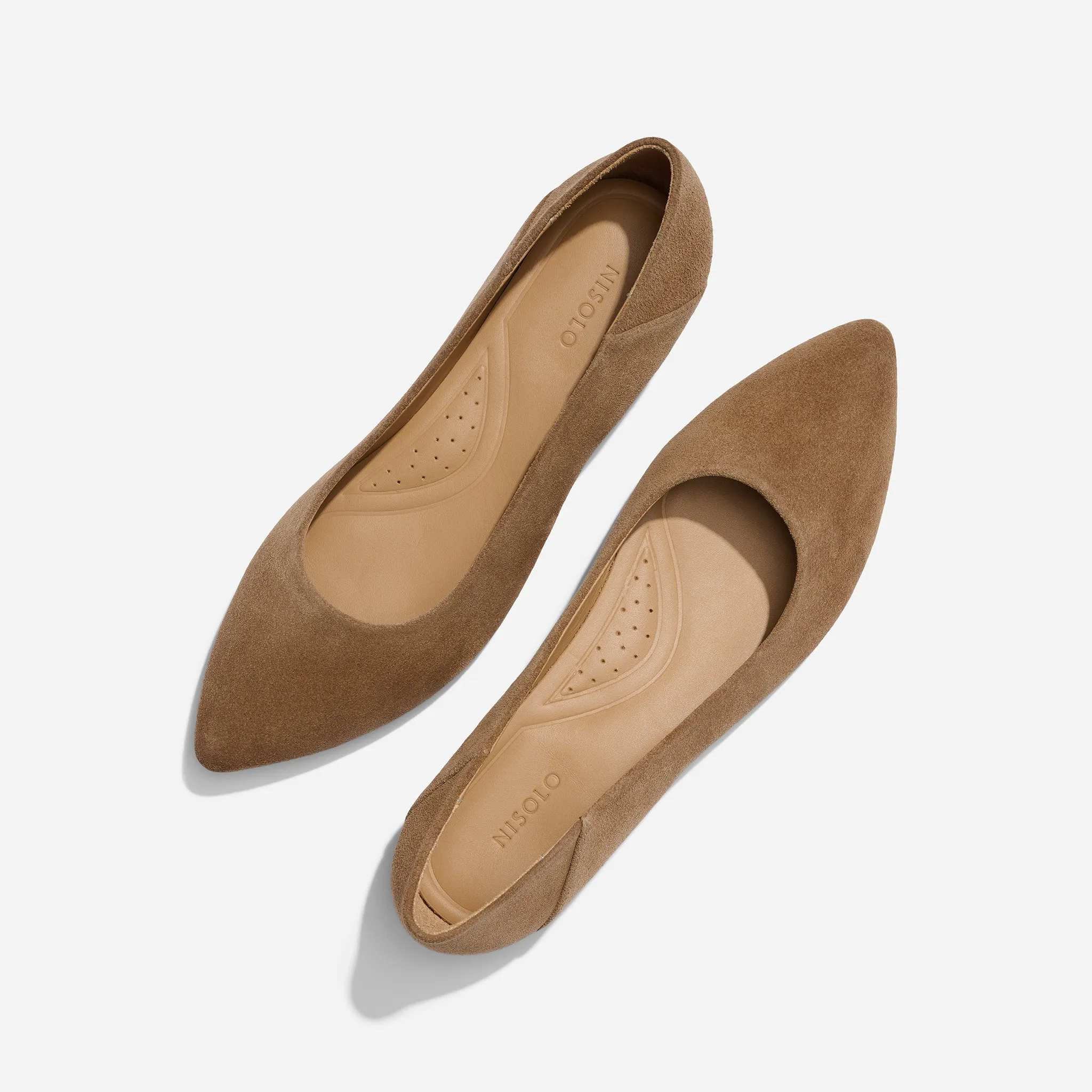 Fina Pointed Toe Flat Taupe Suede -NISOLO
