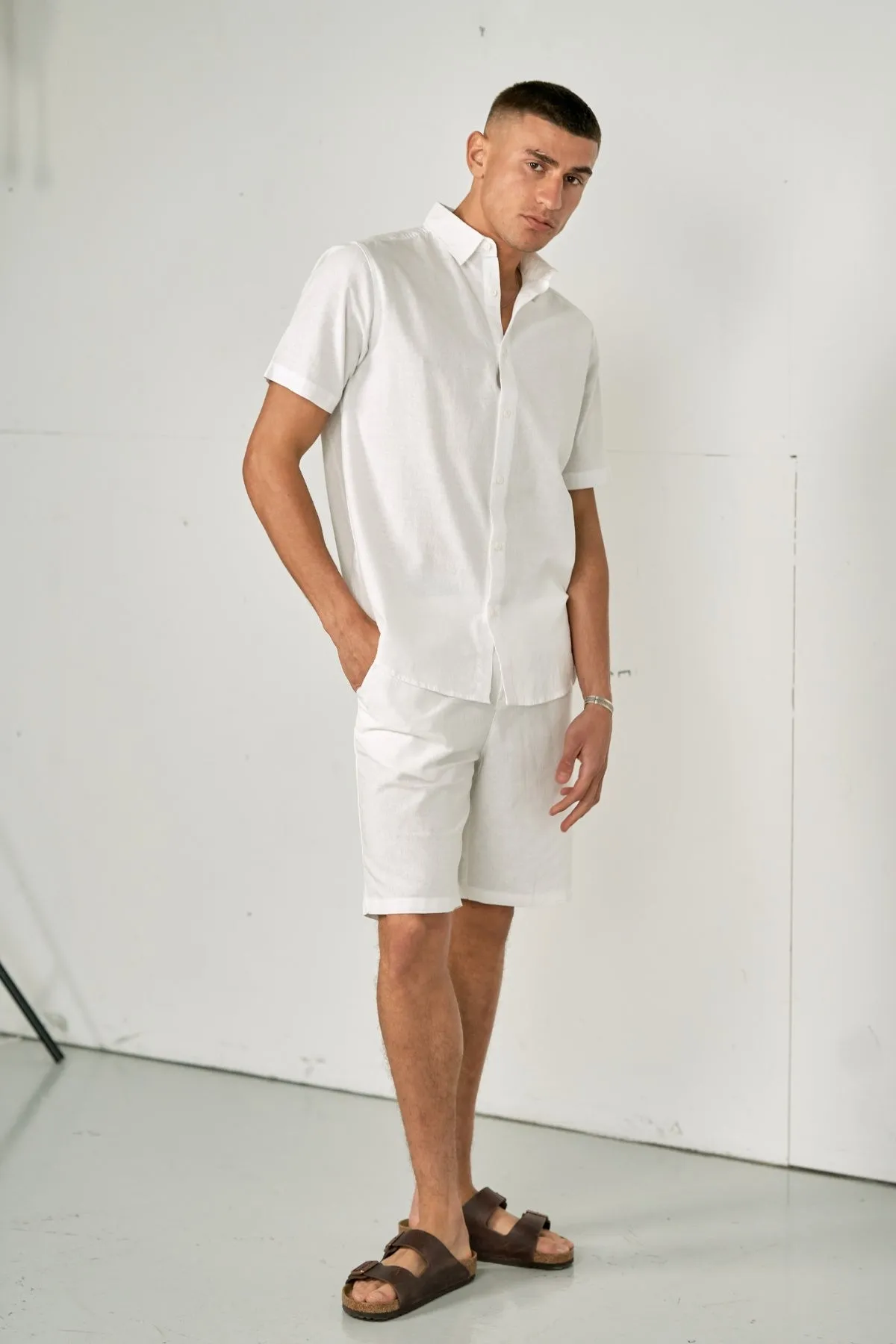 Linen Set Short-Sleeved Shirt   Linen Shorts – White (Package Deal)