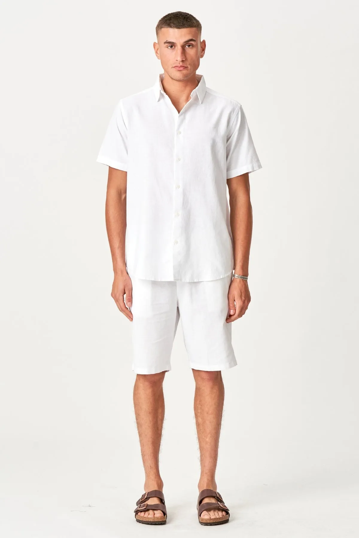 Linen Set Short-Sleeved Shirt   Linen Shorts – White (Package Deal)