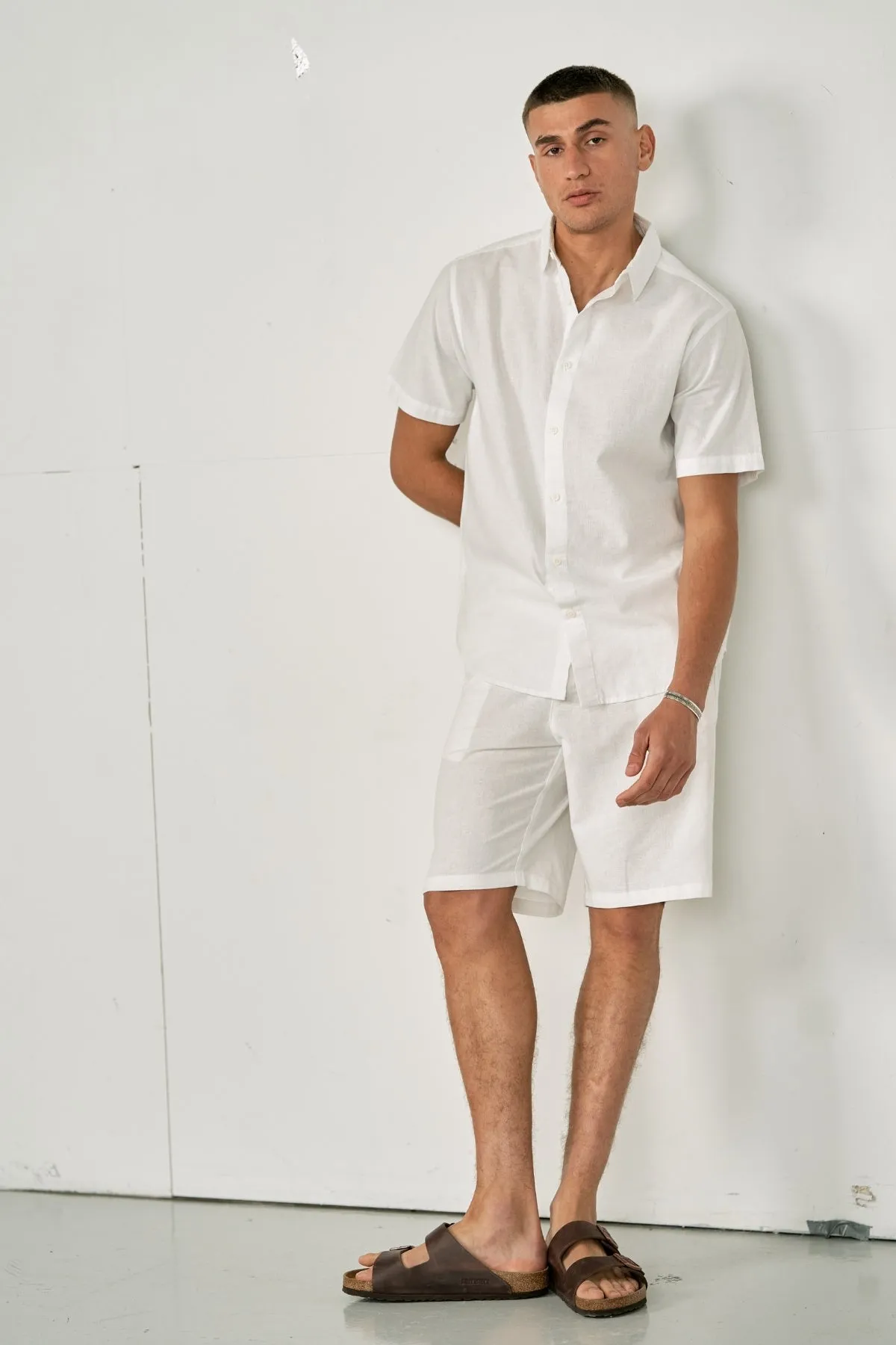 Linen Set Short-Sleeved Shirt   Linen Shorts – White (Package Deal)