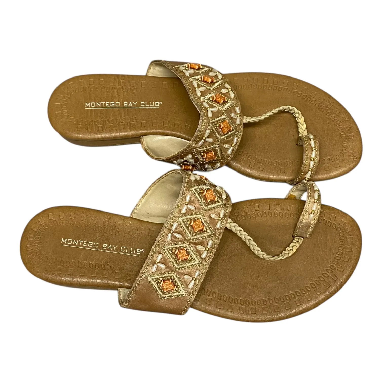 Sandals Flip Flops By Montego Bay In Tan & White, Size:7
