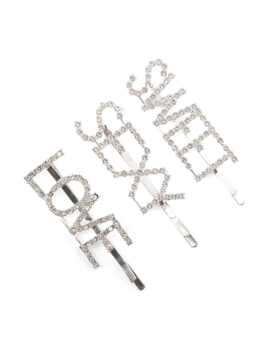 Set Of 3 Silver-Plated American Diamond Studded Letter Party Barrette Hair Clip