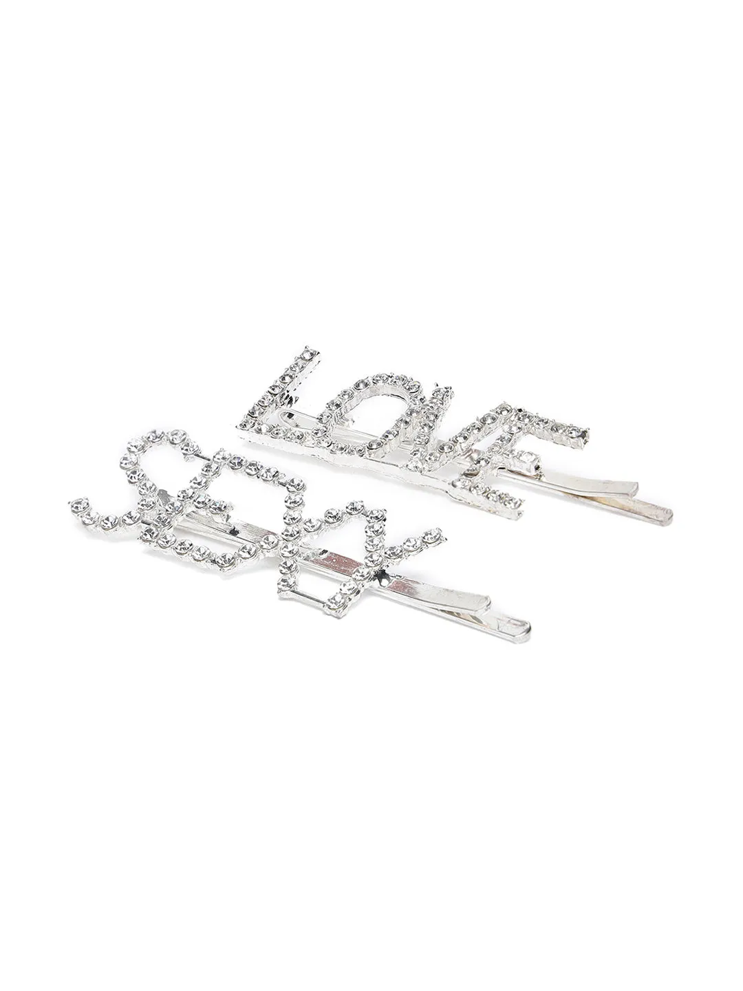 Set Of 3 Silver-Plated American Diamond Studded Letter Party Barrette Hair Clip