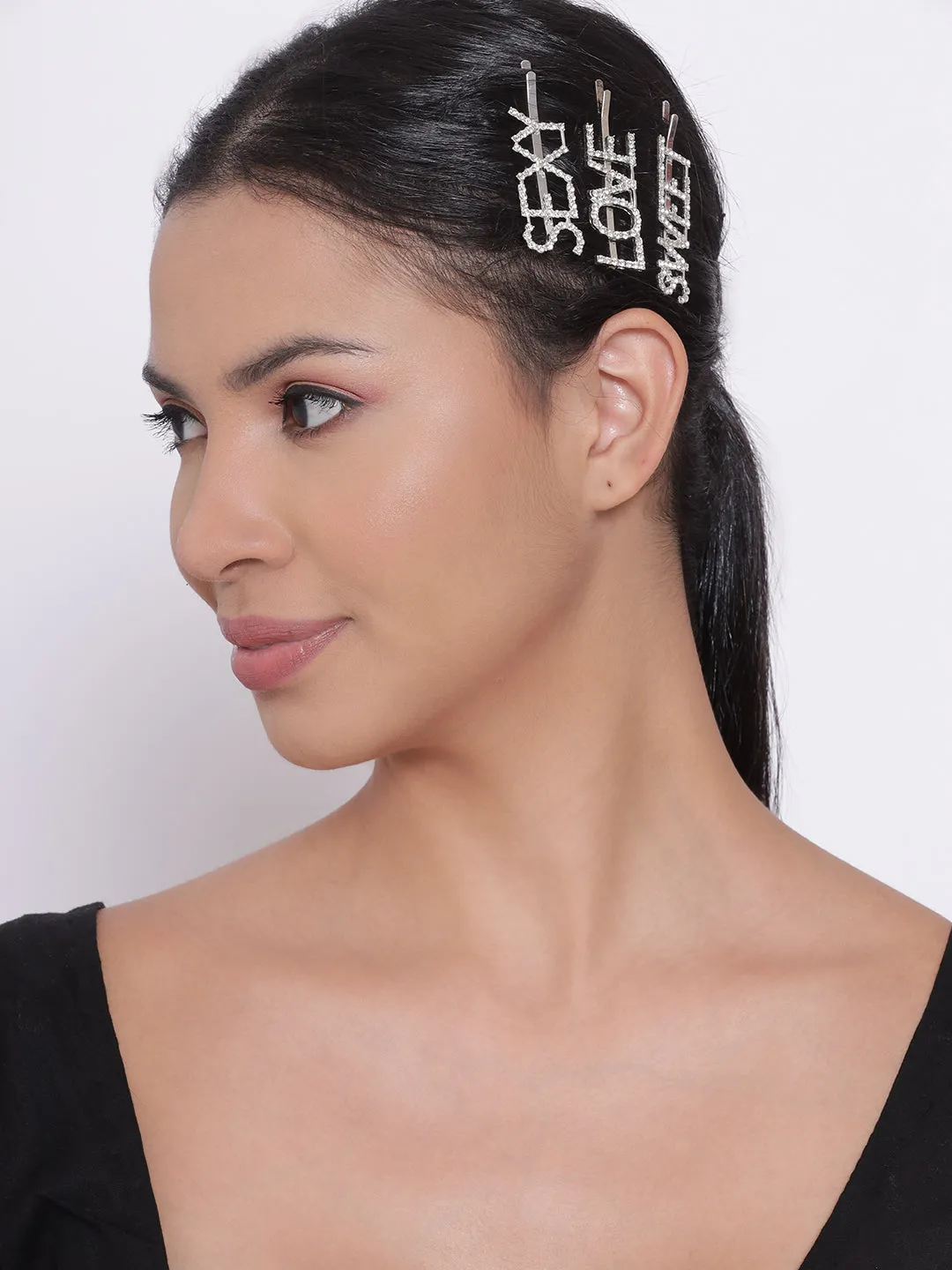 Set Of 3 Silver-Plated American Diamond Studded Letter Party Barrette Hair Clip