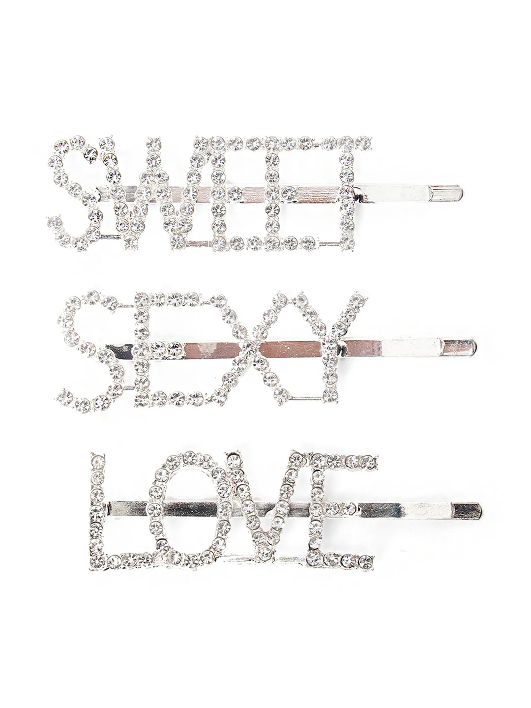 Set Of 3 Silver-Plated American Diamond Studded Letter Party Barrette Hair Clip